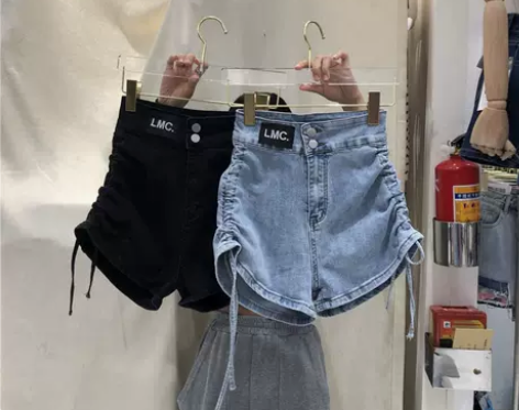 抽绳高腰牛仔短裤女2021夏季新款韩版侧褶...