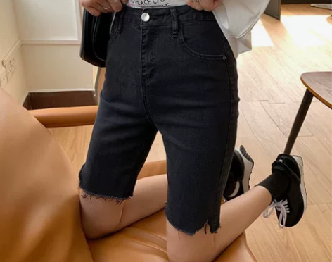 美式高腰黑色牛仔短裤女骑行裤夏季紧身外穿五...