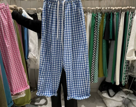 夏季新款2022韩版抽绳松紧高腰格纹休闲裤...