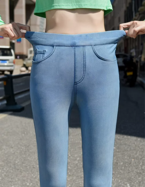 牛仔铅笔裤 铅笔高弹加绒高腰针织裤女小脚紧...