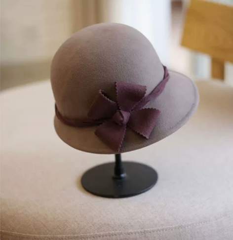 优雅花朵撞色羊毛呢渔夫帽盆帽 毛呢帽子女秋...