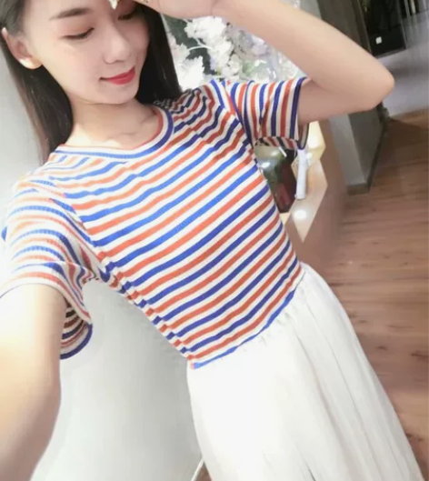 条纹短袖夏季清新雪纺连衣裙女 逛街买的  ...