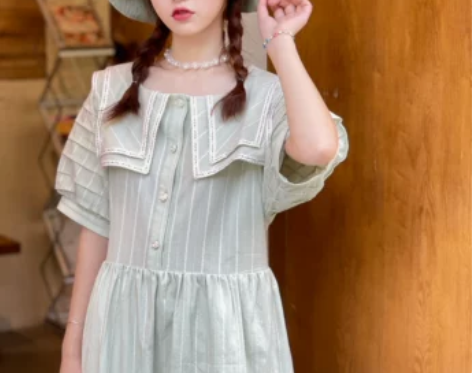 蛋包饭餐厅_海军领收腰连衣裙女夏季甜美a字...