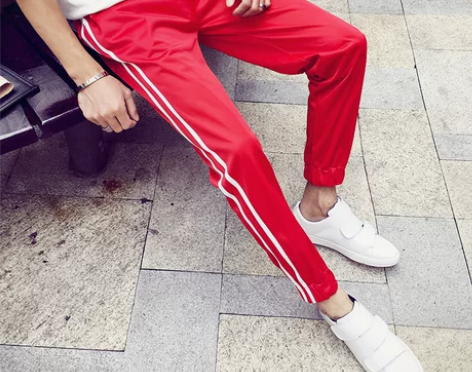 ?春季男女红色运动裤男双杠休闲小脚潮流两杆...