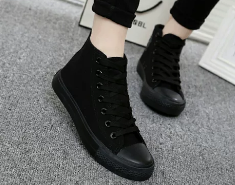 全新 全黑色高帮纯黑色男女帆布鞋女学生鞋板...