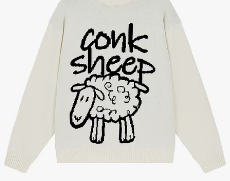 日系复古手绘绵羊图案毛衣男女情侣潮牌宽松针...