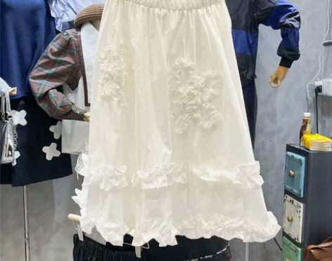 法式木耳边立体花朵荷叶半身裙女早春白色仙气...