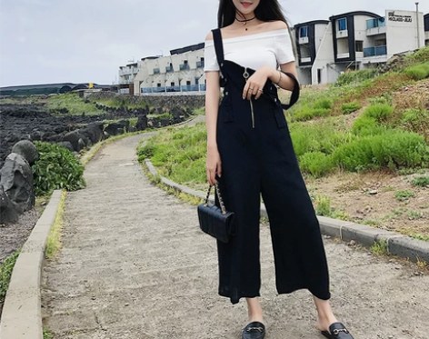 夏季新款韩版黑色高腰背带连体裤女薄款阔腿宽...