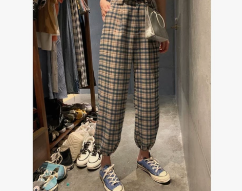 格子束脚裤女夏春秋格纹高腰休闲裤抽绳运动工...