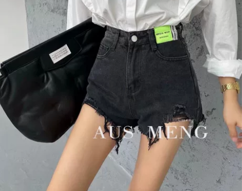 AUS毛边破洞牛仔短裤女夏浅灰高腰显瘦宽松...