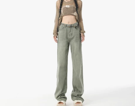 哲娜纯美式高街牛仔裤女复古高腰设计感新款休...