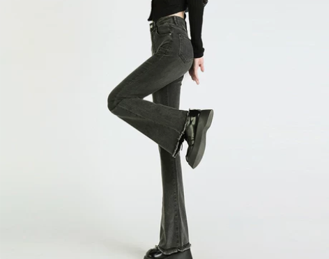 烟灰色紧身微喇牛仔裤女秋冬美式毛边马蹄裤小...