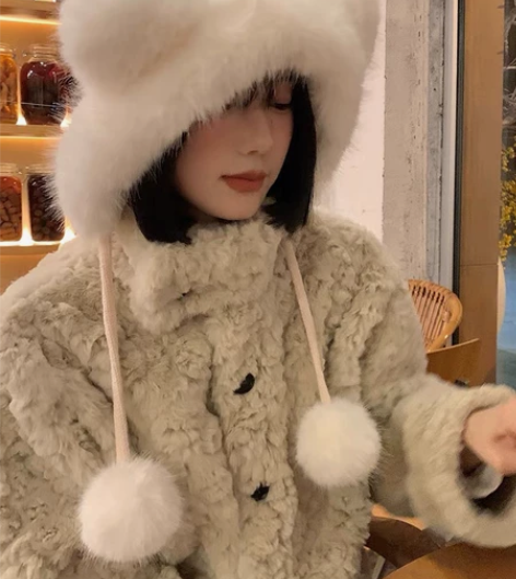 小熊耳朵毛绒帽冬季 显脸小！！！！仅用一次...