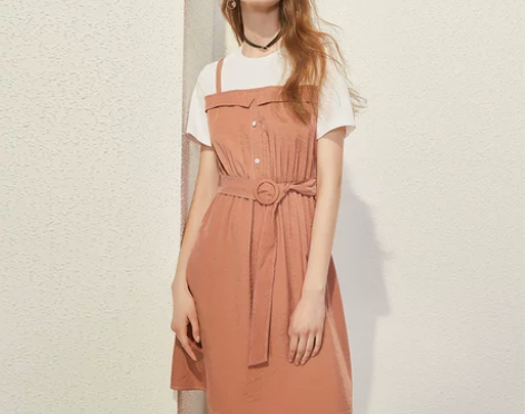 连衣裙女短袖撞色拼接衣香丽影高腰系带修身A...