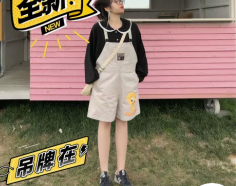 jc古着商店白色短款背带裤女复古宽松短裤可...