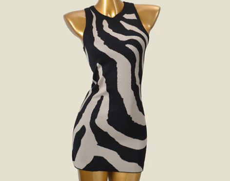 斑马纹连衣裙欧美风圆领挂脖式修身针织包臀裙...