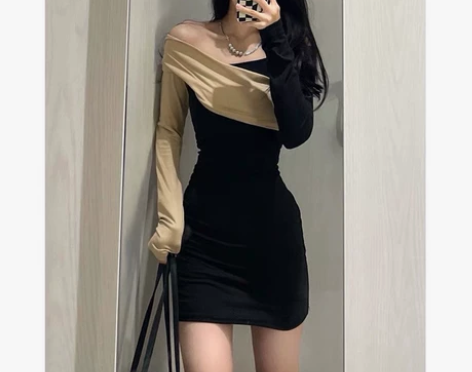 名媛高级感一字领拼接露肩连衣裙女秋季撞色小...