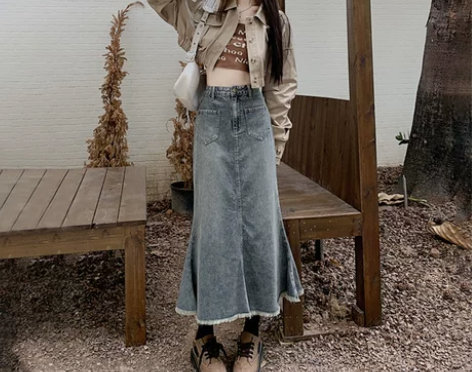 vfvk半身牛仔长裙女2022秋冬新款复古...