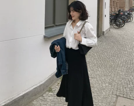 ◆SRK◆ 黑色半身裙女中长款纸片人飘逸显...