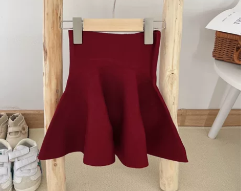 儿童酒红半身裙针织短裙女童装春秋冬裙子毛线...