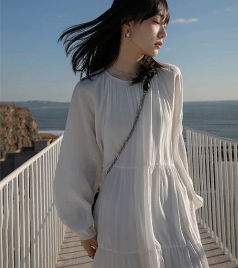 墨锦文艺极简风连衣裙2021春秋新款大摆宽...