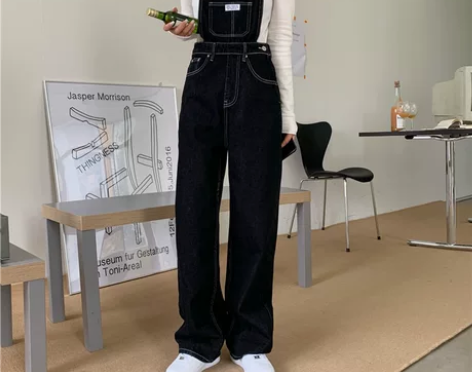 黑色直筒宽松背带长裤夏季女装显瘦牛仔裤小个...