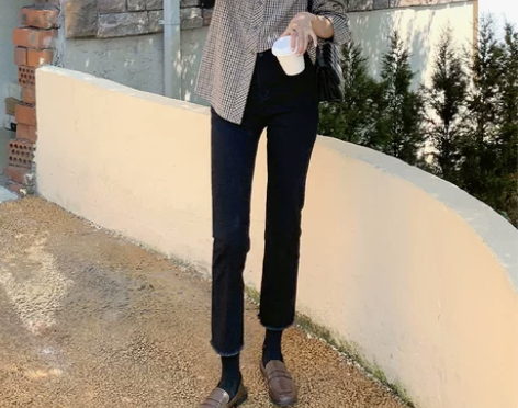 ?布琳家黑色直筒牛仔裤女2022秋冬新款高...