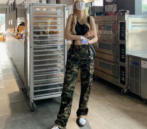 朴夏 美式辣妹迷彩工装裤女高腰宽松显瘦直筒...