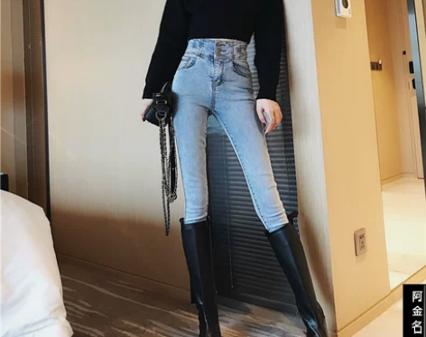 浅蓝色高腰牛仔裤女九分显瘦小脚裤网红202...