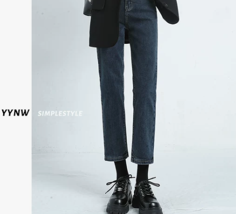 高腰蓝灰烟管直筒牛仔裤女宽松小个子2022...