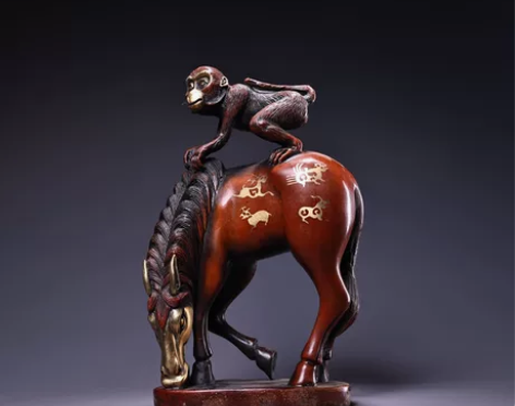 旧藏珍品纯铜高浮雕錾刻鎏金鎏银【马上封侯】...