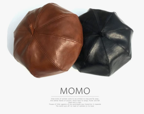 ?网红同款pu皮帽南瓜帽女秋冬日系韩版八角...