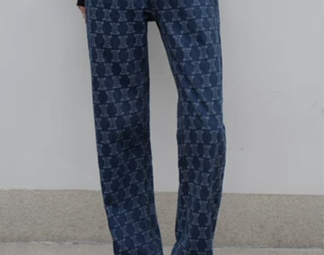 鱼问问 提花设计感法式牛仔裤女高街新款高腰...