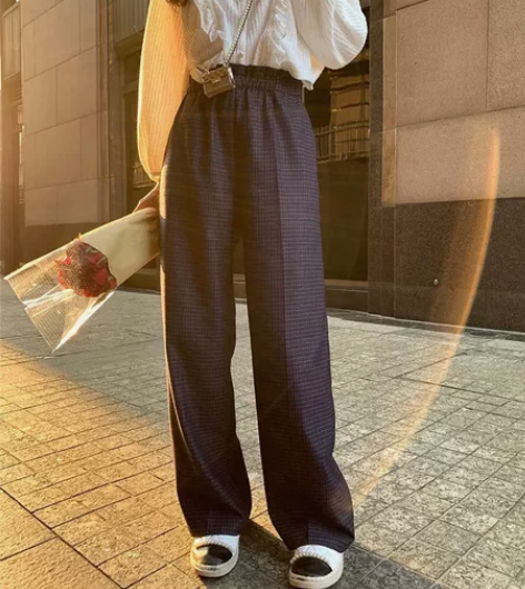 肉完高腰阔腿裤松紧腰宽松显瘦复古格子裤女春...