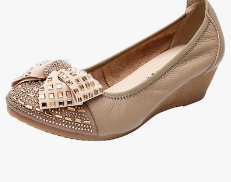 正品上海花牌真皮女鞋大码坡跟圆头皮鞋女舒适...