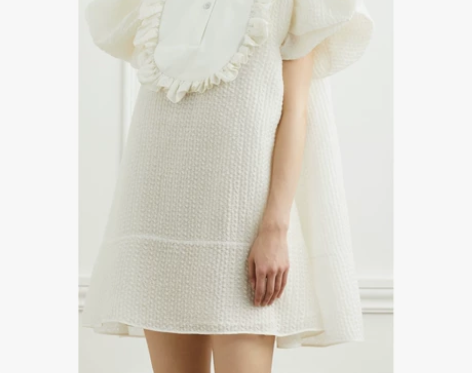 MARCHEN女荷叶边饰拼接泡泡袖连衣裙N...