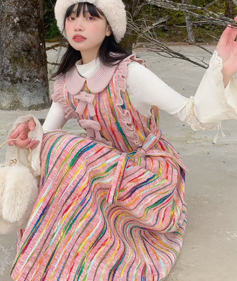 背带裙 背带连衣裙芝士日彩虹魔法灯芯绒秋冬...