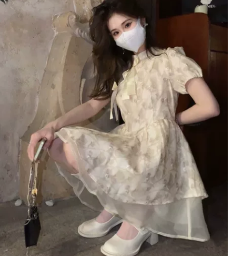 NAOAO 新中式收腰显瘦蓬蓬裙女夏季新款...