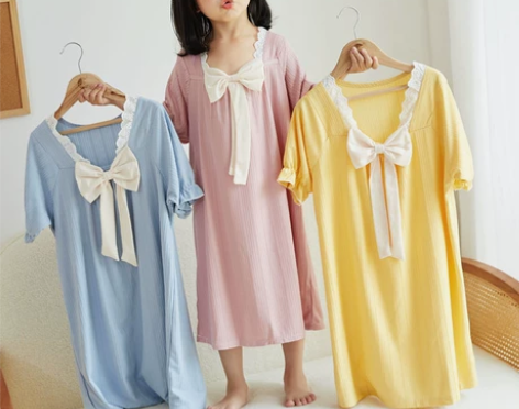儿童睡衣女童睡裙夏季薄款纯色宽松女孩小孩大...