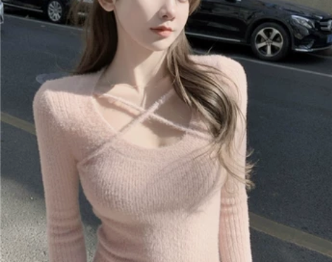 早春纯欲风性感u领挂脖针织连衣裙女包臀内搭...