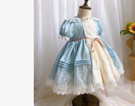 女童夏季款淡蓝色连衣裙田园风素雅公主裙蓬蓬...