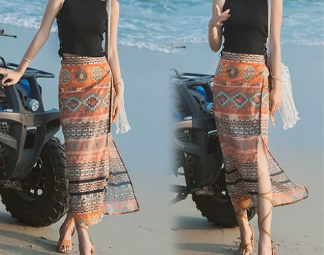 波西米亚沙滩裙民族风复古半长裙一片式高腰开...