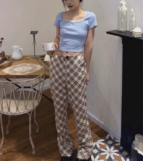 格子阔腿裤女高腰直筒裤春秋垂感宽松显瘦微喇...