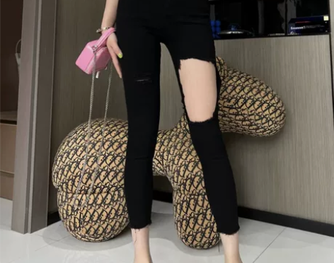 网红高腰性感破洞牛仔裤女弹力显瘦百搭修身小...