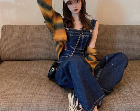 复古宽松阔腿高腰显瘦背带牛仔裤女2021春...