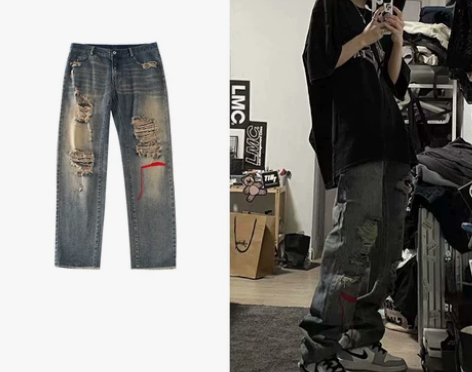 BANDITK GANGN做旧水洗破洞牛仔...