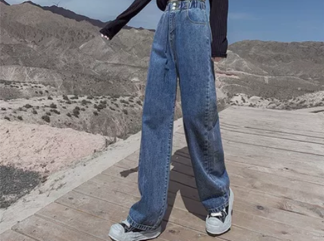 收腰阔腿牛仔裤女松紧腰直筒春秋高街欧美in...