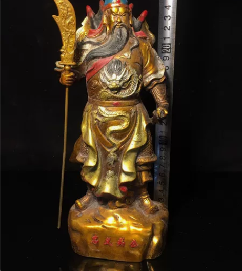 古玩古董文玩杂项收藏，纯铜彩绘鎏金关公，工...