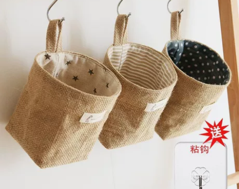桌面棉麻收纳袋杂物挂袋 墙挂式门后小挂兜布...