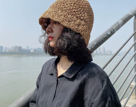 日式小众花边手工草帽女夏天百搭显脸小渔夫帽...